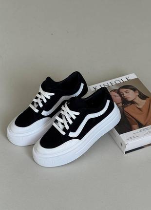 Код 11837🍃кеды на утолщенной подошве натур. велюр, кожа черные с белыми вставками