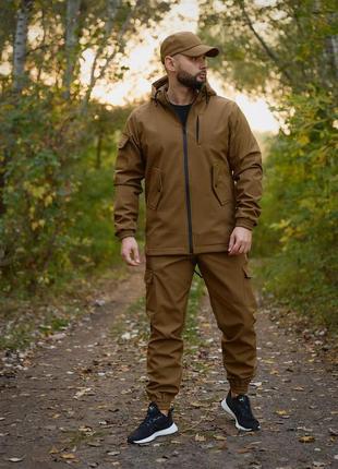 Чоловічій демісезонний костюм з плащівки softshell на флісі койот
