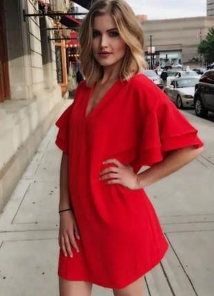 Ярко красное платье zara, р. s, платье мини прямого кроя с рукавами воланами