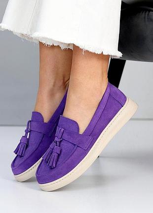 Оригінальні жіночі замшеві фіолетові лофери осінні туфлі натуральна замша весна осінь