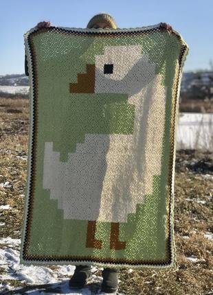 Вязаный плед с пиксельным рисунком гуся, кантри декор, ручная работа