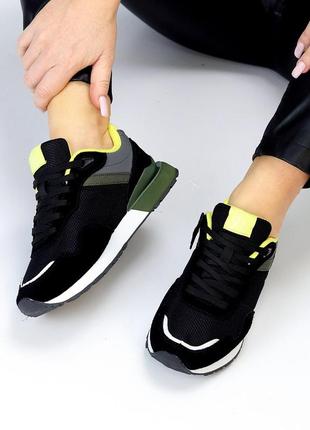 Стильные черные кроссовки миксовые натуральная кожа + замша + текстиль мультиколор 23736