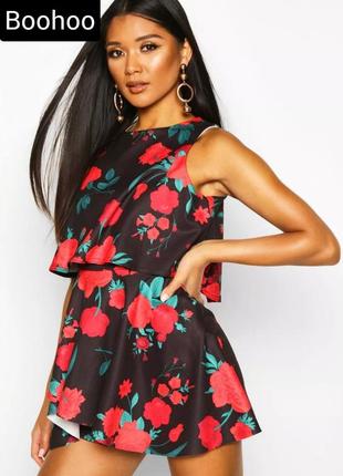 Комбинезон женский черный в красный цветочный принт от бренда boohoo 14