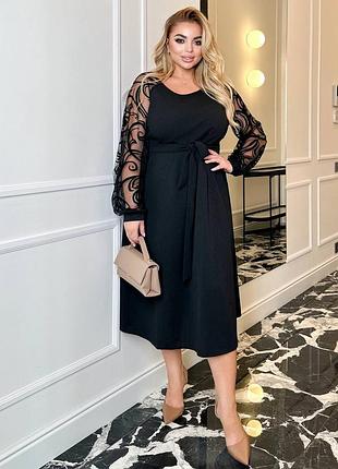 Женское платье-миди свободного фасона с прозрачными рукавами с узором, с поясом