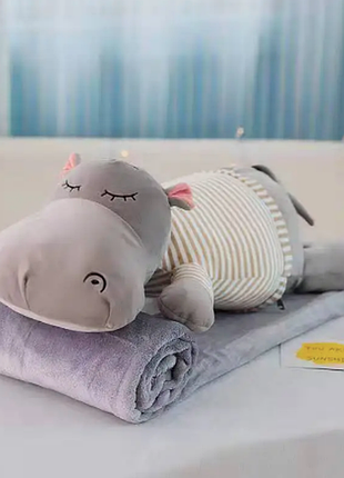 М'яка іграшка плед бегемотик сірий бегемот подарунок 2в1 3в1