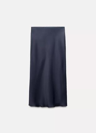 Атласная юбка zara, миди юбка zara, синяя атласная юбка zara