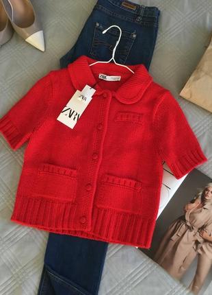 Красный вязаный кардиган zara с накладными карманами