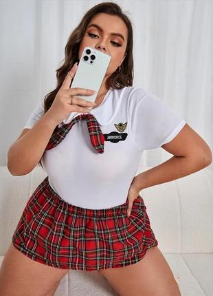 Костюмом учениці plus size з краваткою, боді + спідничка. доступні розміри: xl, xxl, xxxl, xxxxl.