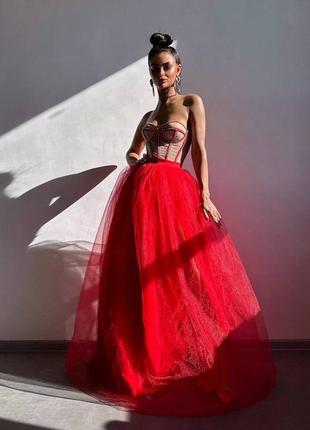 Изысканный комплект двойка корсет бюстье + фатиновая юбка макси, женский костюм на выпускное, вечернее платье макси, праздничный костюм с юбкой
