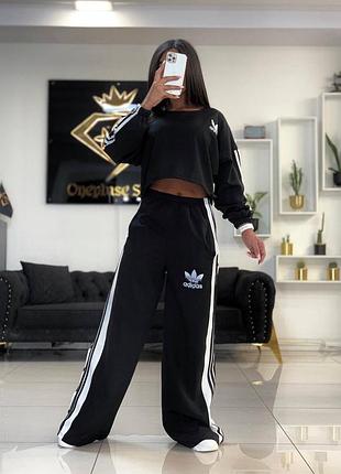 Костюм спортивный женский черный с лампасами оверсайз свитшот брюки свободного кроя на выс...