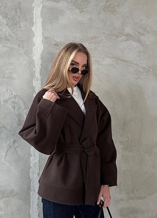 Шоколадное пальто кашемир шерсть с поясом