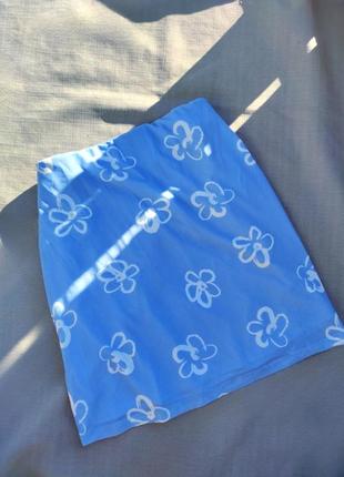 Юбка мини сеточка голубая цветочный принт