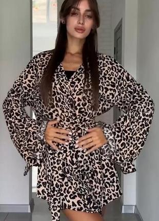 Женский трендовый костюм леопард кимоно пояс шорты премиальная вискозная жатка
