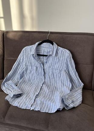 Лляна блакитна сорочка у смужку m&s collection