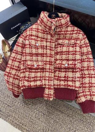 Куртка пуховик красная твидовая короткая шерсть