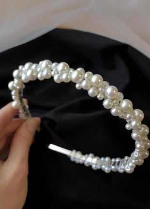 Обруч з молочними перлинами, ободок в зачіску з перлин, весільний обруч айворі, обруч на голову