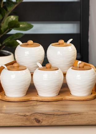 Набір баночок для сипучих продуктів 5 штук по 250 мл на бамбуковій підставці