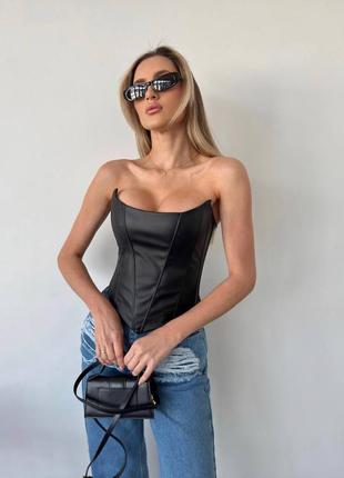 Шкіряний корсет без бретель бандо корсет еко шкіра тренд на блискавці по спинці