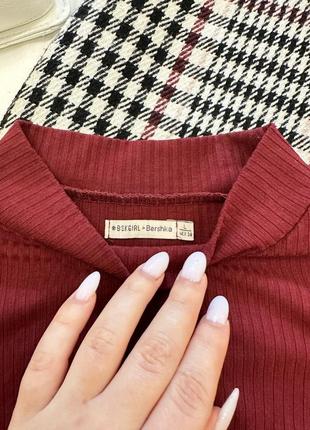 Bershka женский бордовый гольф, трендовая водолазка, лонгслив в рубчик, размер s/m/l6 фото