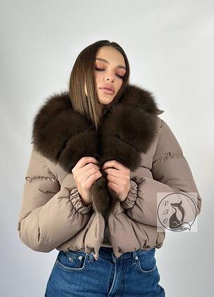Куртка пуховик (пуфер) бежевая короткая женская зимняя с натуральным мехом финского песца. размеры с 42 до 48