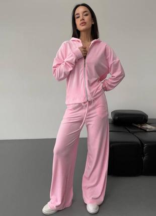 Жіночий костюм двійка велюровий худі на блискавці з капюшоном штани палаццо широкі чорний сірий рожевий блакитний