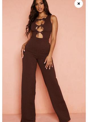 Шоколадный комбинезон prettylittlething, коричневый комбинезон палаццо