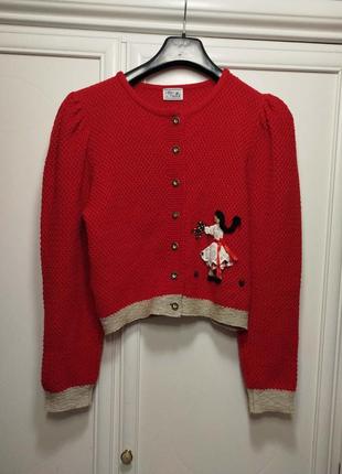 Кардиган в'язаний вінтаж рейнська вовна 💯 червоний широкий рукав від alp strick