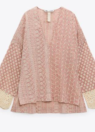 Блуза zara s-m-l 46-48 розовая прошва вышивка кружево на рукавах