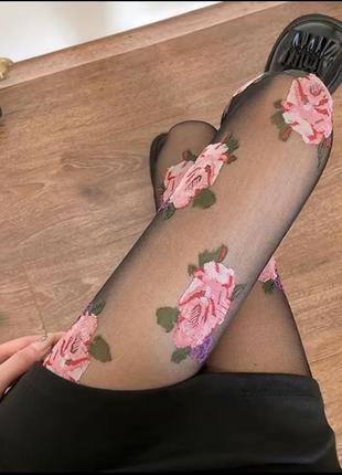 Ажурные капроновые трендовые колготы колготки сетка цветы розы