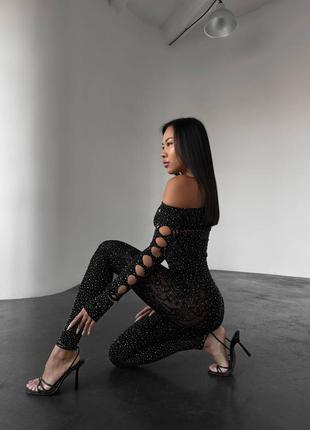 Бодистокинг со стразами, комбинезон сетка со стразами, боди комбинезон сеточка стразы