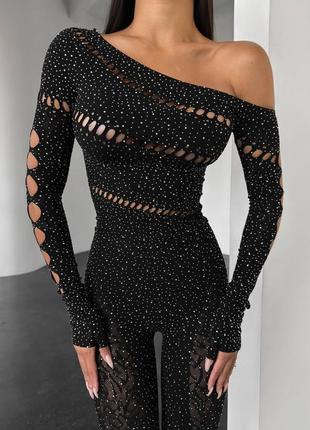 Бодистокинг со стразами, комбинезон сетка со стразами, боди комбинезон сеточка стразы