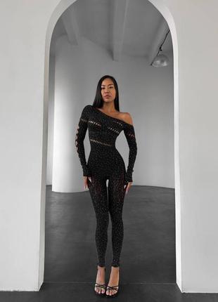 Бодистокинг со стразами, комбинезон сетка со стразами, боди комбинезон сеточка стразы