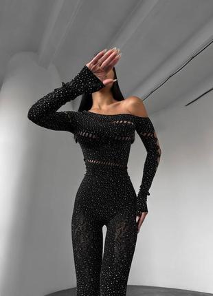 Бодистокинг со стразами, комбинезон сетка со стразами, боди комбинезон сеточка стразы