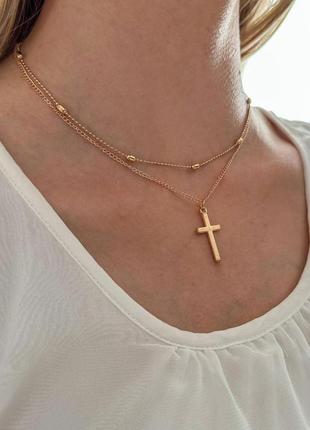 Стильное золотое ожерелье с крестом. двойная цепочка чокер-подвеска крестик