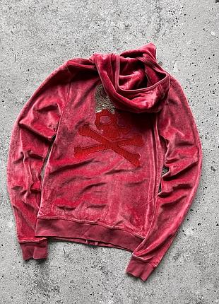 Philipp plein couture womens red velour full zip hoodie big skull print жіноче, велюрове худі з принтом