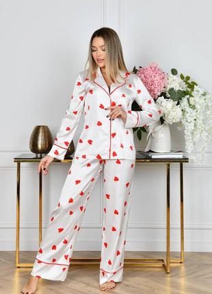 Піжама двійка сорочка і штани з сердечками довгий рукав