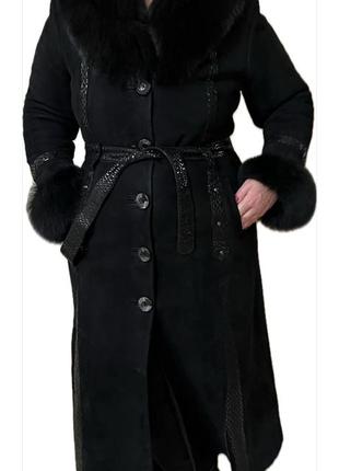Дубленка длинная, овчина, черная с мехом песца xxl, 52-54 после химчистки