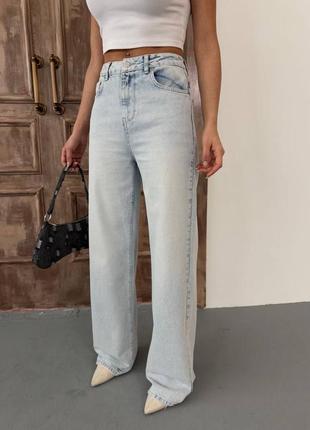 Женские джинсы wide leg светло-голубые, базовые, классические, палаццо, трубы, расширенные, широкие, прямые, высокая посадка, туречки7 фото