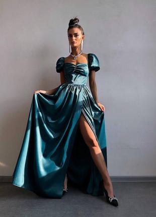 Вишукана атласна сукня максі з розрізом, довге атласне плаття з драпіруванням, сукня максі на випускний, довге плаття з атласу, вечірня сукня