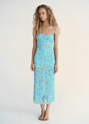 Сукня zara міді сітка на брителях сарафан плаття з квітковим принтом
