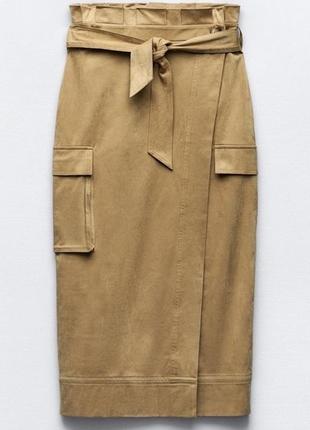 Юбка карго миди из искусственной замши zara paperbag