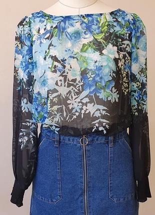 Блуза прозора шифонова з красивим квітковим принтом блузка з рукавом закрита