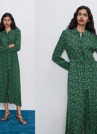 Длинное вискозное платье рубашка с цветочным принтом zara