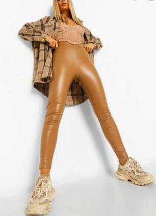 Лосины из эко-кожи, утепленные велюром, высокая посадка,горчичного цвета