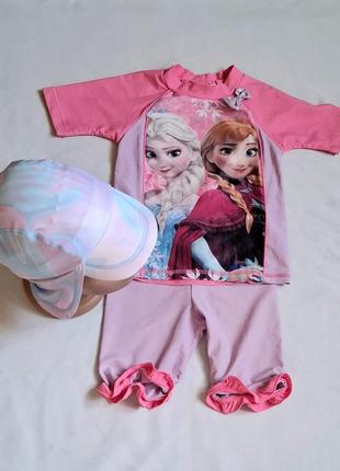 Комплект пляжный солнцезащитный disney frozen эльза и анна футболка шорты и кепка на 2-3 года