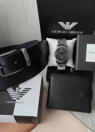 Мужской подарочный набор armani black кожаный ремень и кошелек и часы 52976