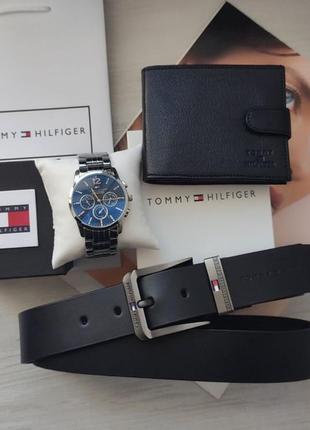 Подарунковий чоловічий набір tommy hilfiger годинник Curve/silver, шкіряний ремінь та гаманець 52933