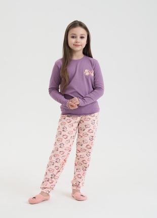 Пижама на девочку-подростка - котики на штанах - кофтинка в рубчик - family look мама/донька