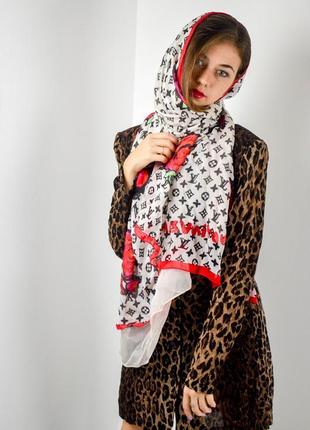 Двошаровий шовковий шарф в монограму і принт троянд, шаль, хустку louis vuitton