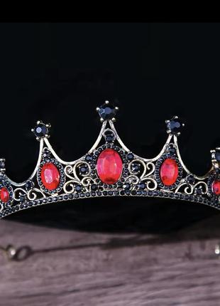 Корона диадема на голову красная черная с красным черными камнями диадема красная черна с красивымичерными камнями